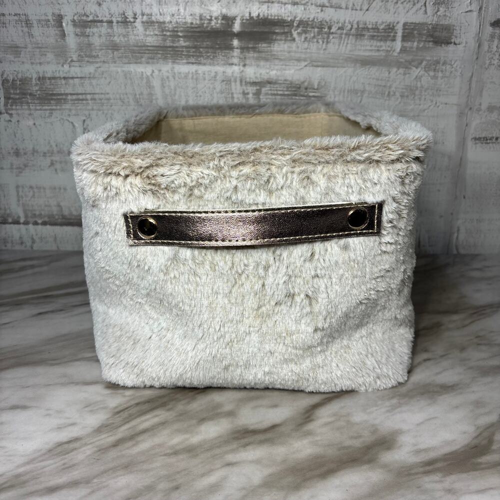 Neutral Faux Fur Soft Storage Bin with Metallic Handles
